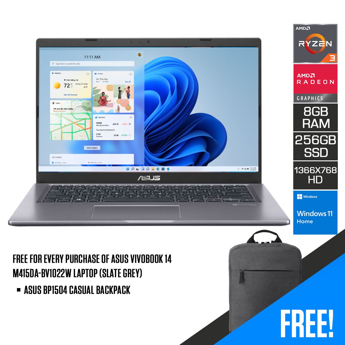 asus-vivobook-14-m415da-bv1022w-laptop-slate-grey-14-hd-1366x768-ryzen-3-3250u-8gb-ram-256-gb-ssd-amd-radeon-graphics-windows-11-home-asus-bp1504-casual-backpack