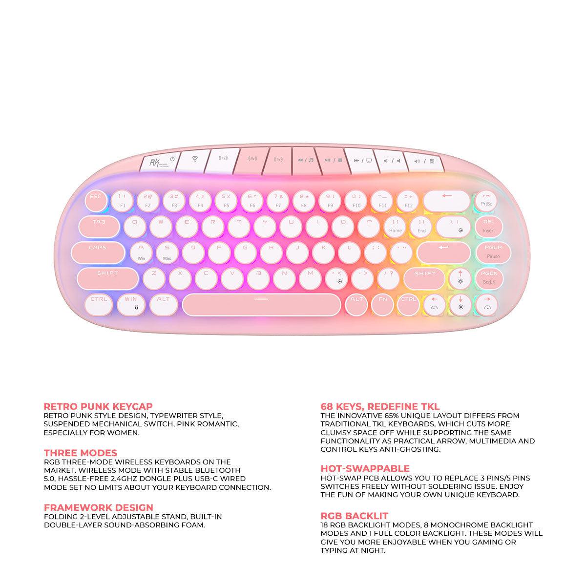 royal-kludge-rk-round-tri-mode-rgb-68-keys-hot-swappable-mechanical-keyboard-pink-pink-switch