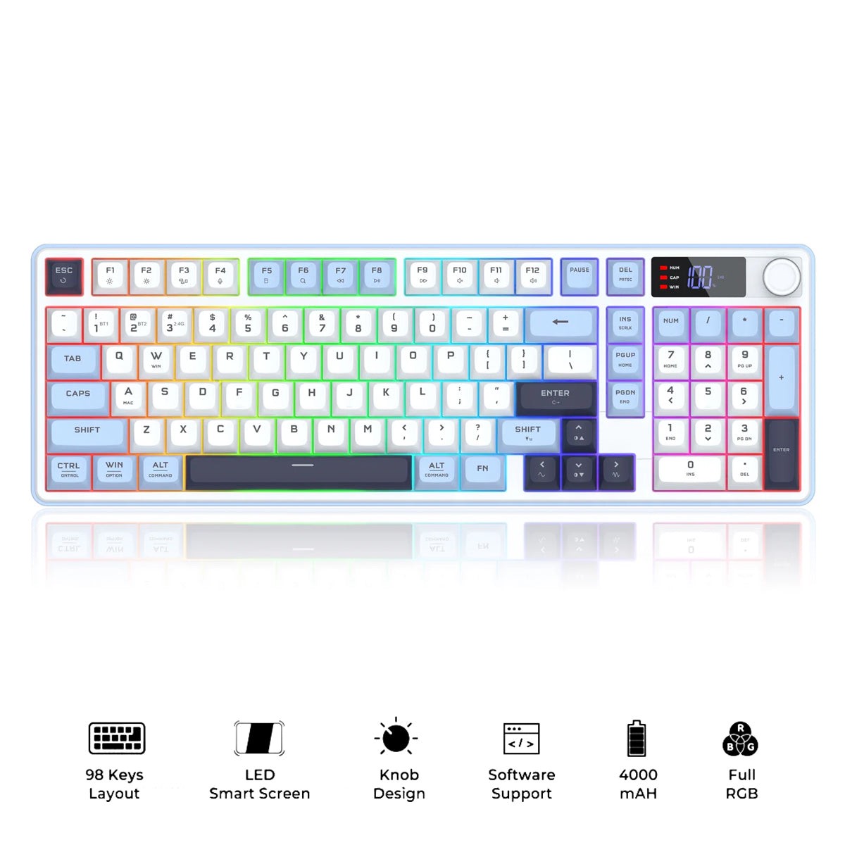 redragon-aria-pro-k527wbl-tri-mode-ultra-quiet-membrane-rgb-keyboard-with-lcd-display-knob-control-white-blue