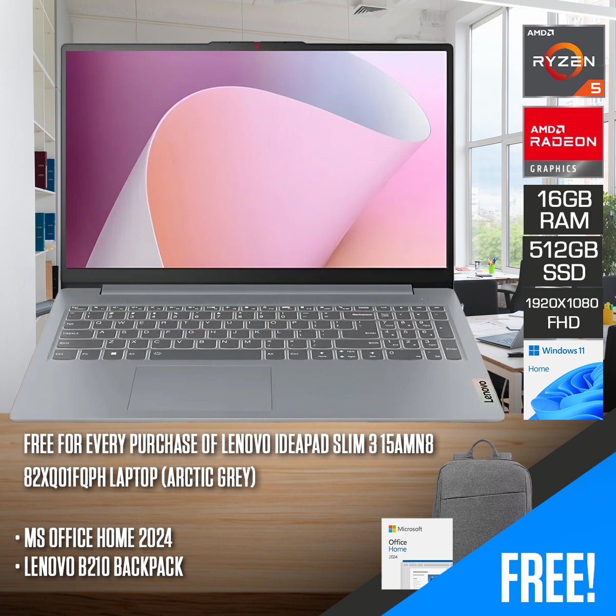 lenovo-ideapad-slim-3-15amn8-82xq01fqph-laptop-15-6-fhd-tn-ryzen-5-40-16gb-ram-512gb-ssd-amd-radeon-610m-graphics-windows-11-home-ms-office-home-2024-lenovo-b210-backpack