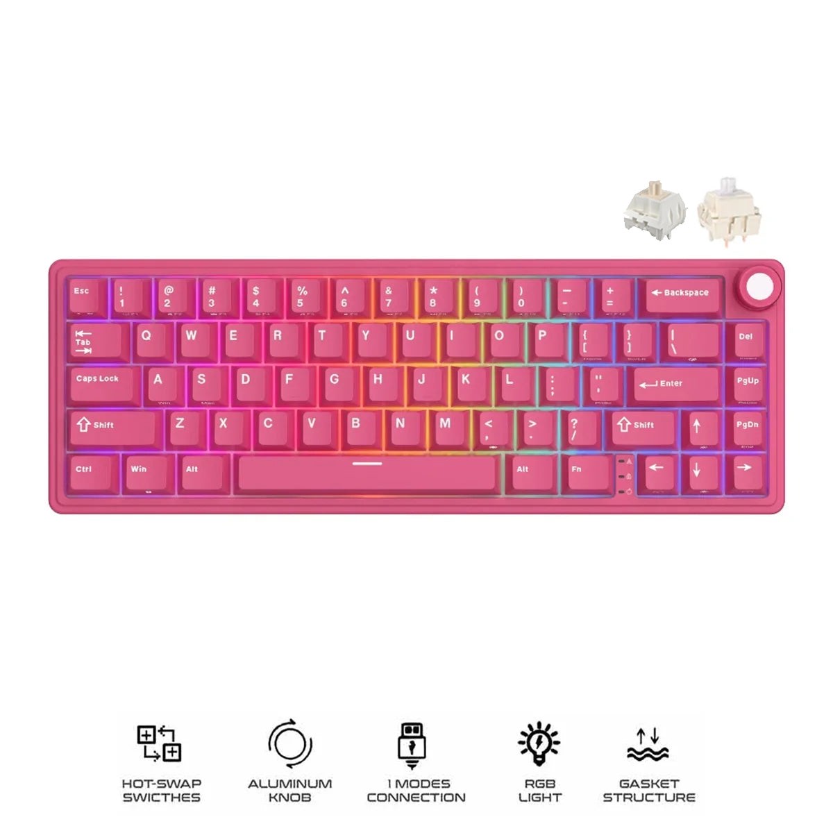 royal-kludge-r65-single-mode-rgb-66-keys-hot-swappable-mechanical-keyboard-berry-red-cream-switch-beige-switch