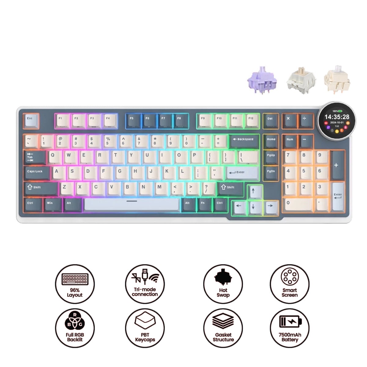 royal-kludge-rk-n99-tri-mode-rgb-98-keys-hot-swappable-mechanical-keyboard-moon-cream-switch-beige-switch-violet-switch