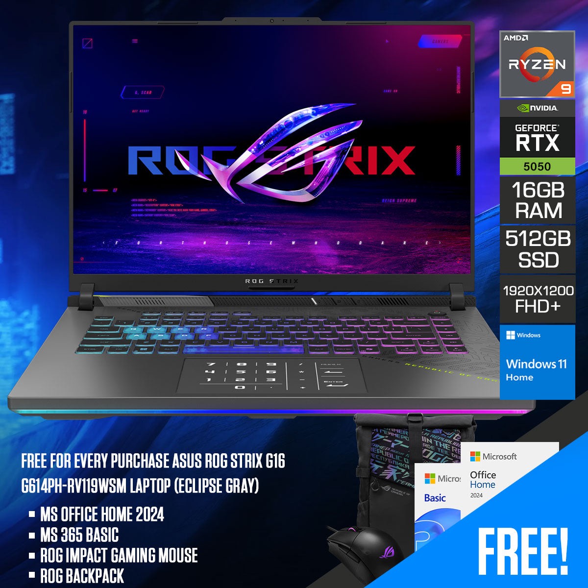 asus-rog-strix-g16-g614ph-rv119wsm-laptop-16-fhd-165hz-ips-ryzen-9-8940hx-16gb-ram-512gb-ssd-rtx-5050-windows-11-home-ms-office-home-2024-ms-365-basic-rog-impact-gaming-mouse