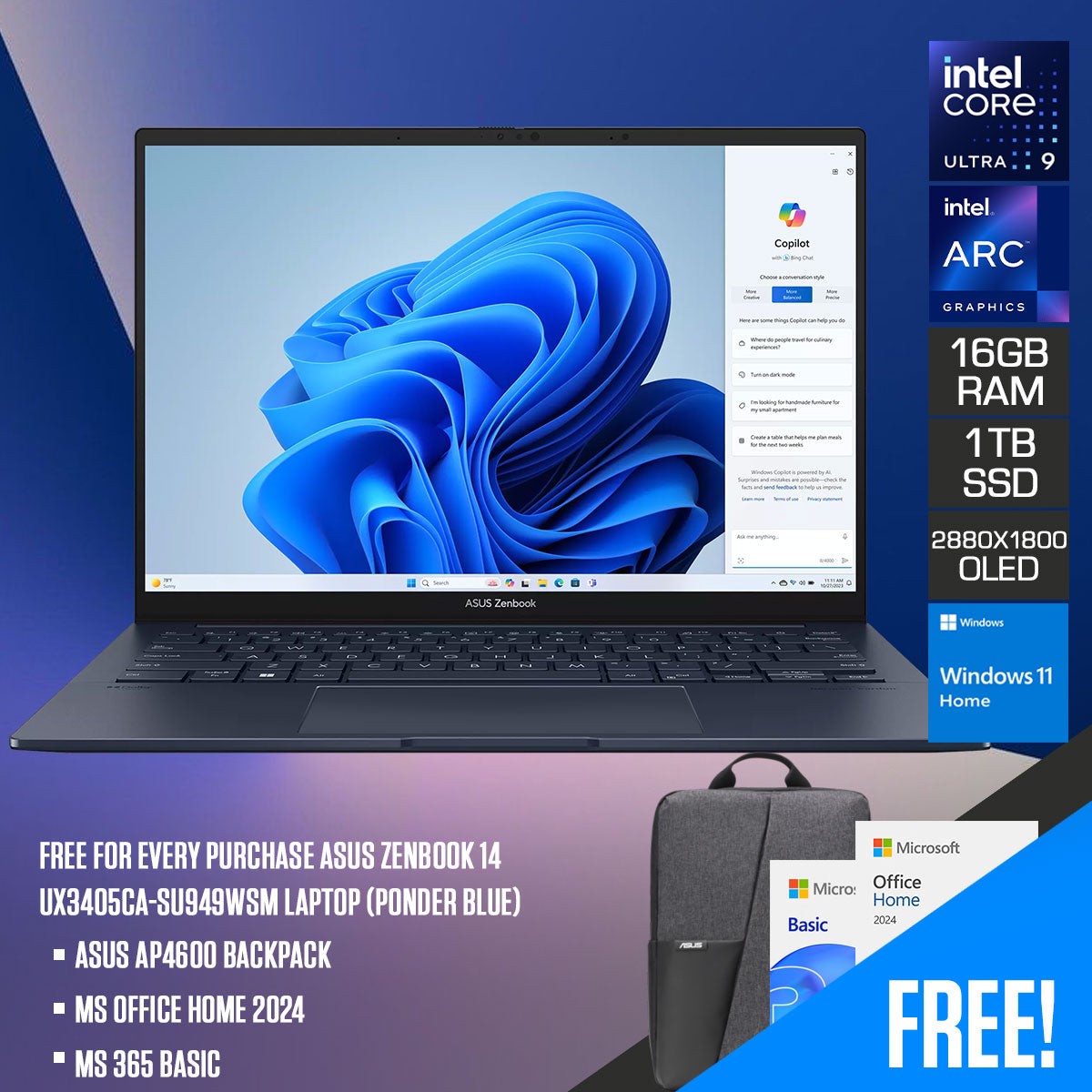 asus-zenbook-14-ux3405ca-su949wsm-laptop-14-3k-oled-core-ultra-9-285h-16gb-ram-1tb-ssd-intel-arc-graphics-windows-11-home-ms-office-home-2024-ms-365-basic-asus-ap4600-backpack