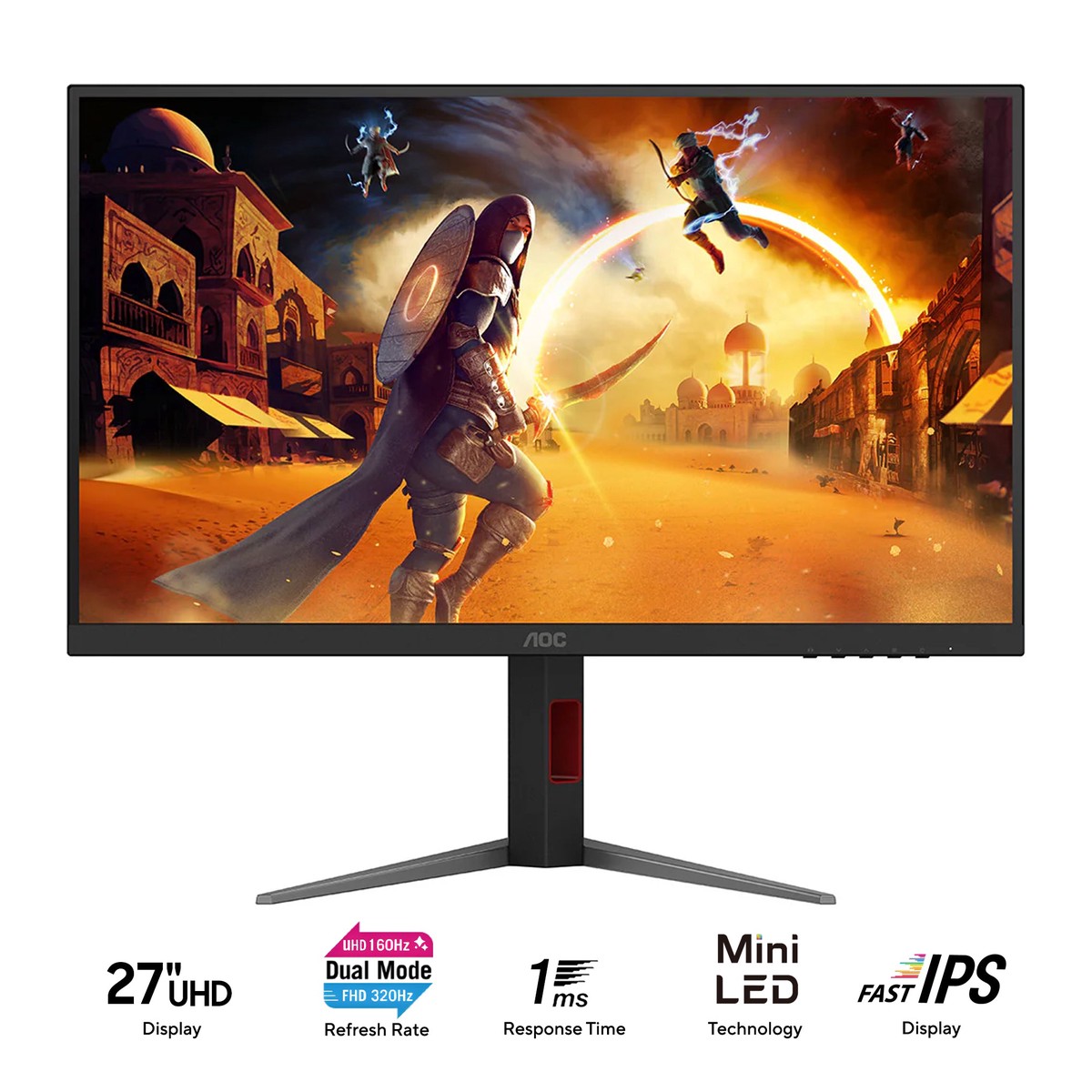 aoc-u27g4xm-27-uhd-3840x2160-dual-mode-4k-160hz-or-fhd-320hz-1ms-fast-ips-miniled-dual-gaming-monitor-with-tilt-height-pivot-swivel-adjustment-black-red