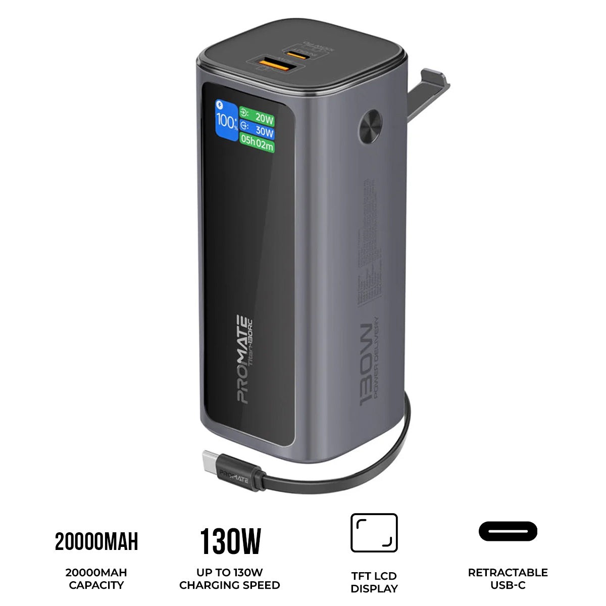 promate-titan-130rc-ultra-compact-130w-multi-port-power-bank-with-retractable-usb-c-cable-tft-lcd-screen