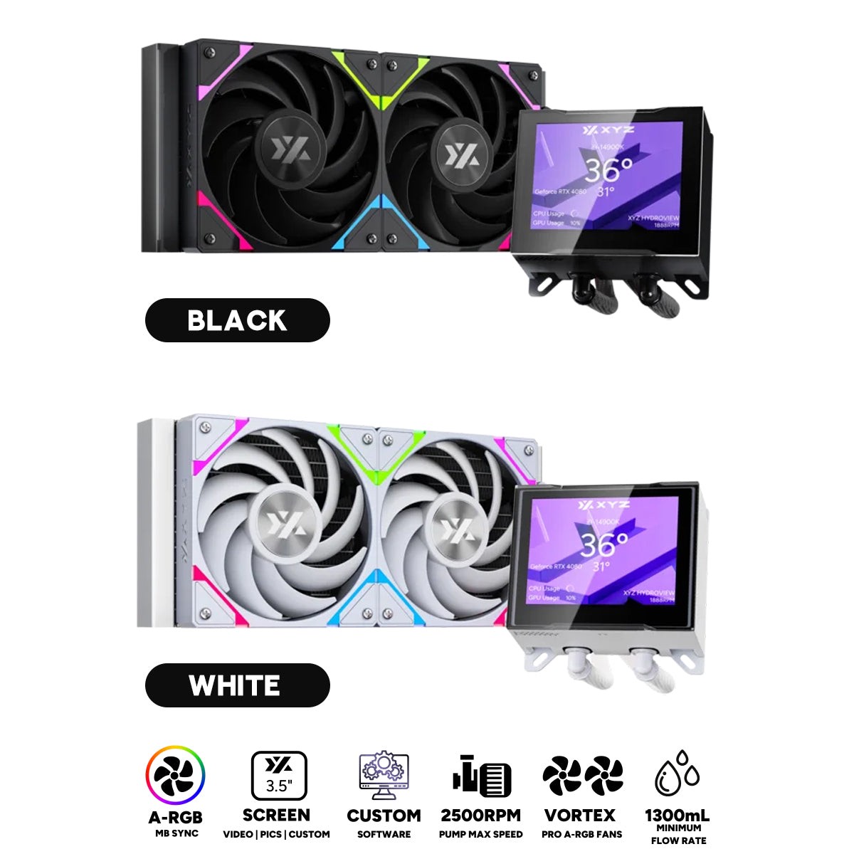 xyz-hydroview-aio-240-argb-liquid-cpu-cooler-with-3-5-lcd-digital-screen-xyz-nexus-software-2x-vortex-pro-120mm-pwm-argb-fans-black-white
