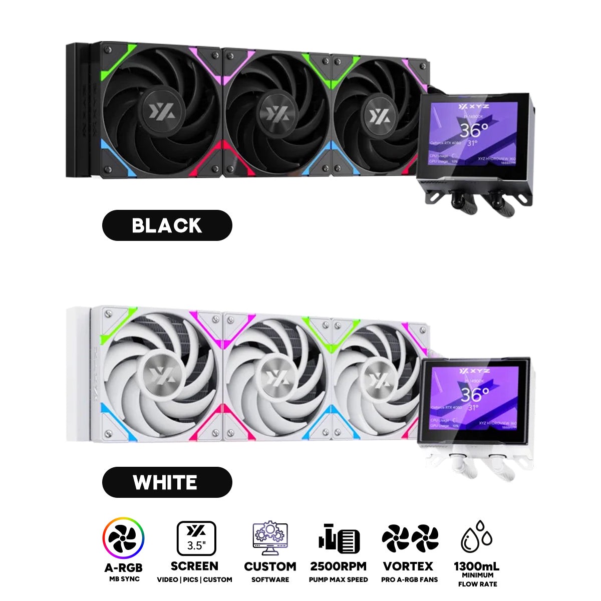 xyz-hydroview-aio-360-argb-liquid-cpu-cooler-with-3-5-lcd-digital-screen-xyz-nexus-software-3x-vortex-pro-120mm-pwm-argb-fans-black-white