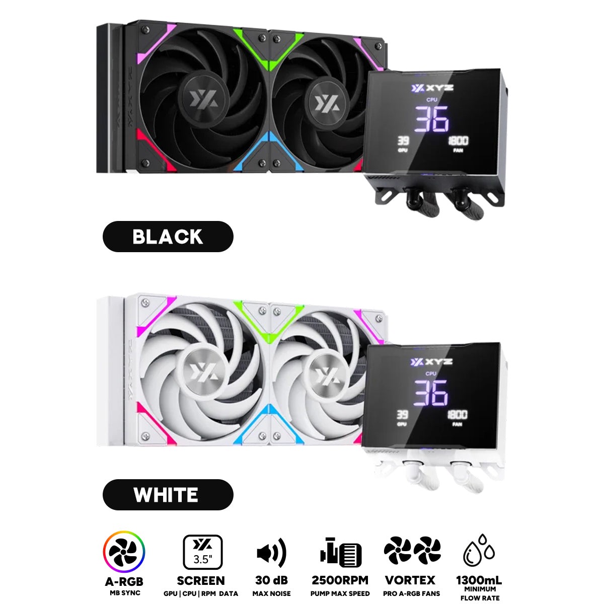xyz-hydrotemp-240-argb-liquid-cooler-with-temperature-display-black-white