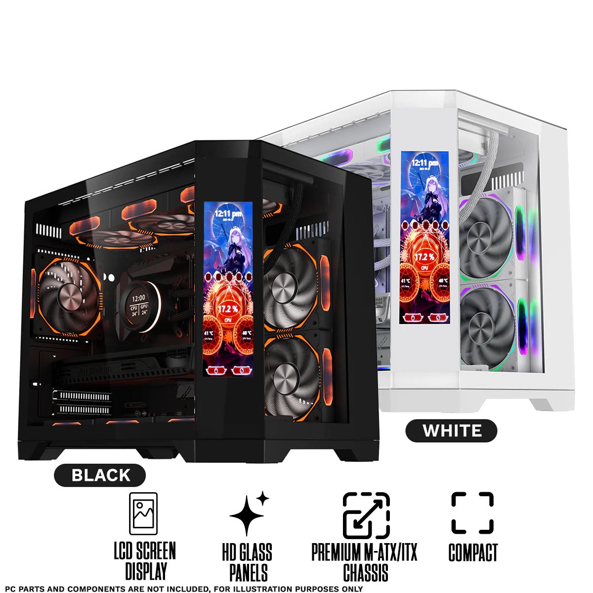 coolman-spectra-m-atx-itx-pc-case-with-customizable-lcd-screen-display-black-white