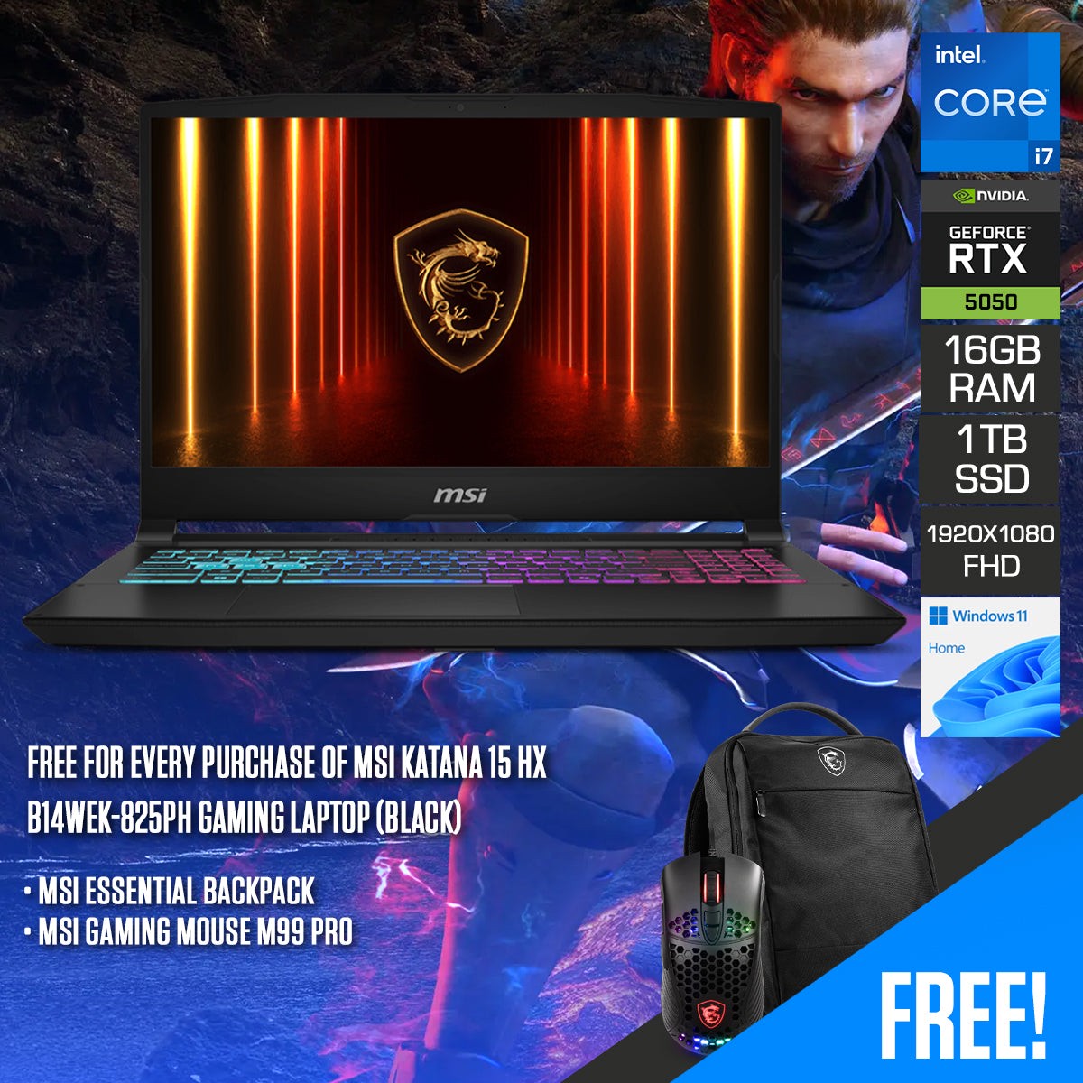 msi-katana-15-hx-b14wek-825ph-gaming-laptop-15-6-fhd-144hz-ips-core-i7-14650hx-16gb-ram-1tb-ssd-rtx-5050-windows-11-home-msi-essential-backpack-msi-gaming-mouse-m99-pro