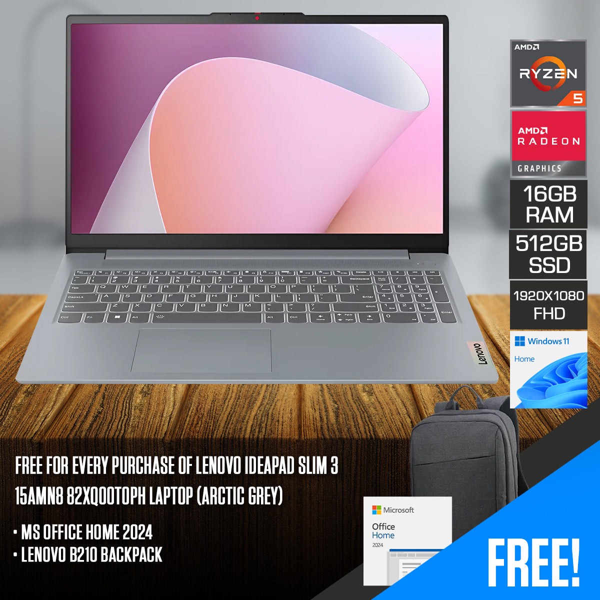 lenovo-ideapad-slim-3-15amn8-82xq00t0ph-laptop-15-6-fhd-tn-ryzen-5-7520u-16gb-ram-512gb-ssd-amd-radeon-610m-graphics-windows-11-home-ms-office-home-2024-lenovo-b210-backpack