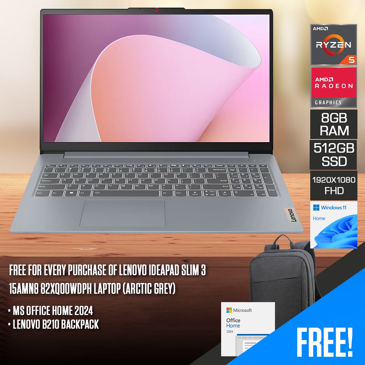 lenovo-ideapad-slim-3-15amn8-82xq00wdph-laptop-15-6-fhd-tn-ryzen-5-7520u-8gb-ram-512gb-ssd-amd-radeon-610m-graphics-windows-11-home-ms-office-home-2024-lenovo-b210-backpack