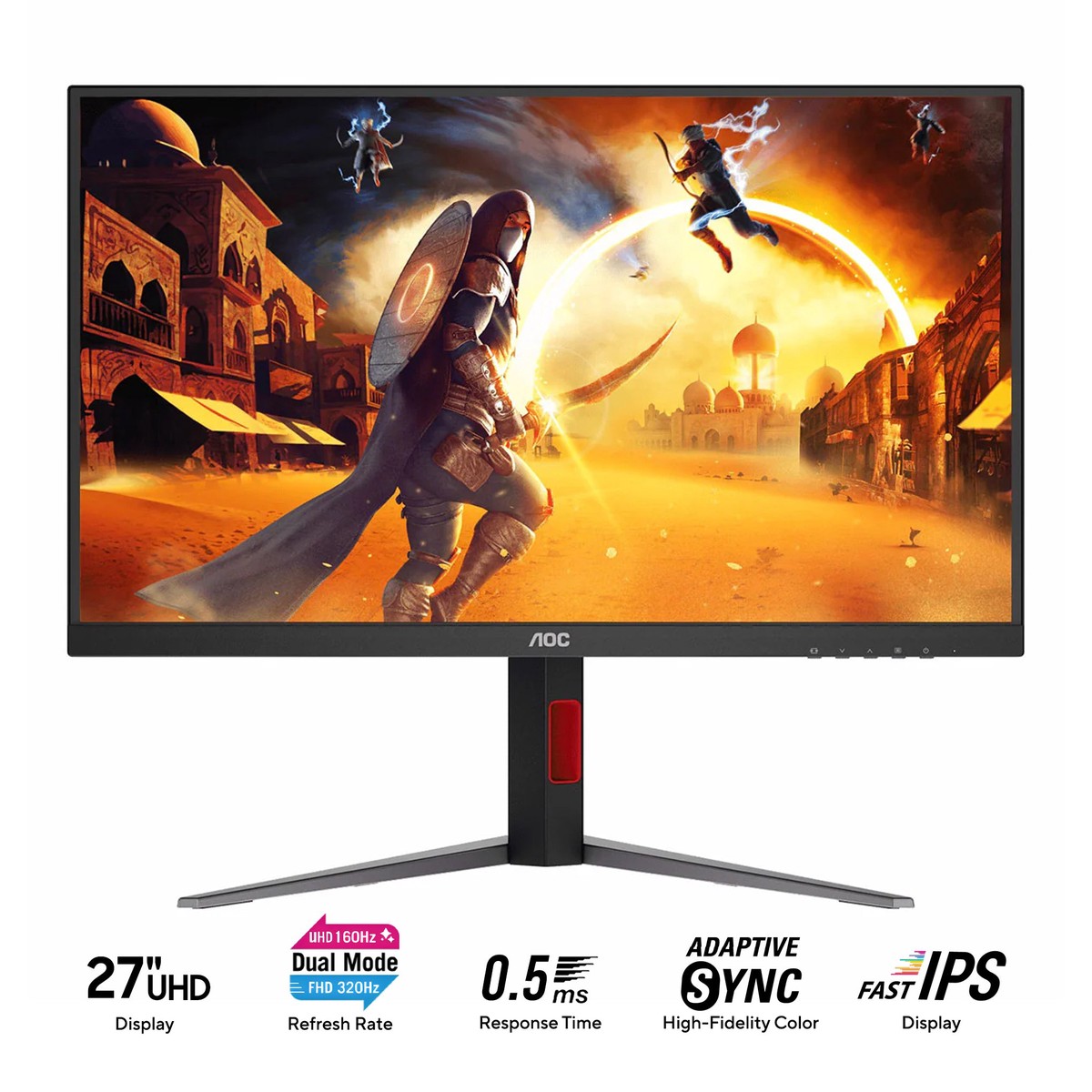 aoc-u27g4-71-27-uhd-3840x2160-dual-mode-fhd-320hz-or-uhd-160hz-0-5ms-mprt-adaptive-sync-fast-ips-gaming-monitor-with-tilt-pivot-swivel-height-adjustment-black-red