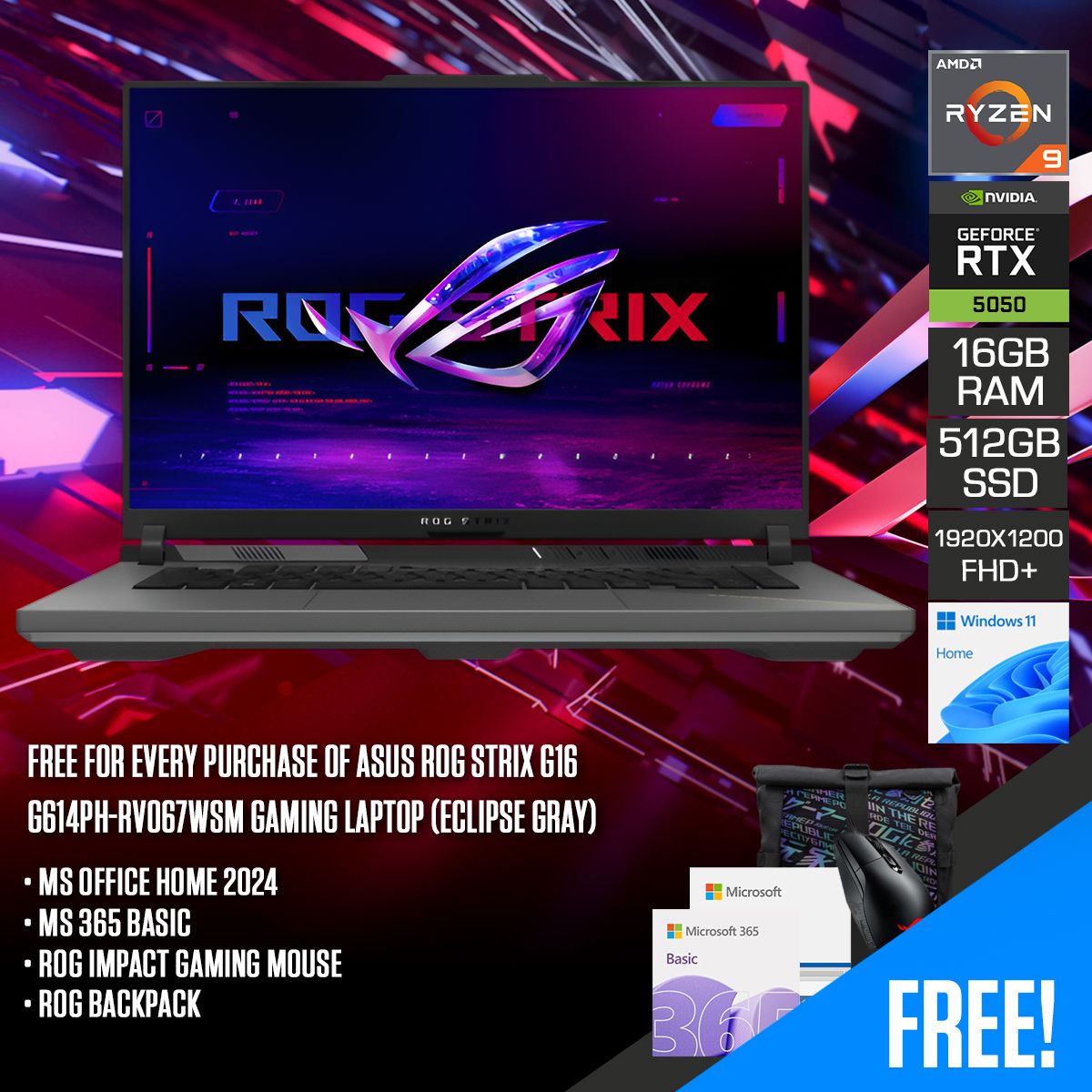 asus-rog-strix-g16-g614ph-rv067wsm-gaming-laptop-16-fhd-165hz-ips-ryzen-9-8940hx-16gb-ram-512gb-ssd-rtx-5050-windows-11-home-ms-office-home-2024-ms-365-basic-rog-impact-gaming