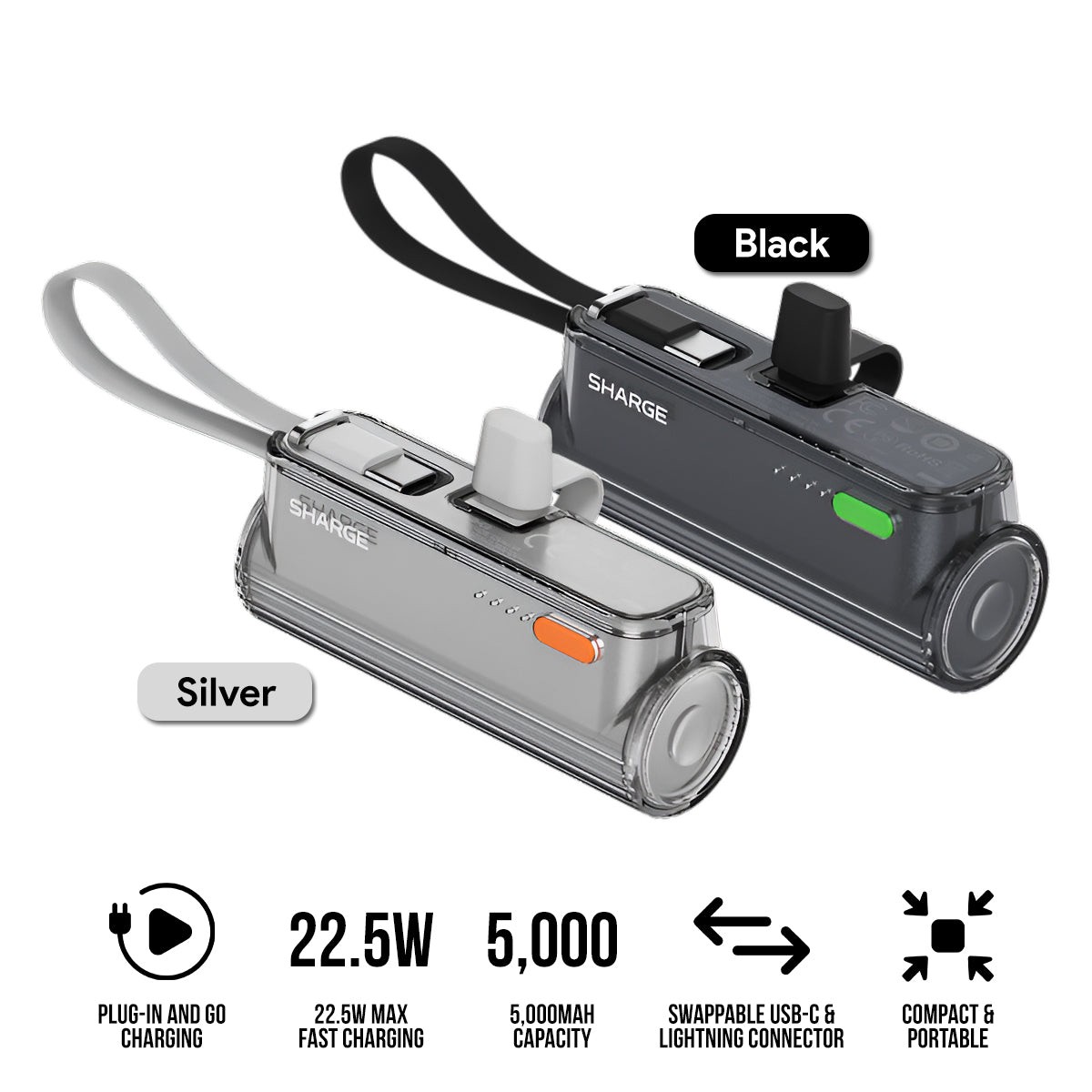 sharge-flow-mini-2-5000mah-22-5w-power-bank-with-built-in-usb-c-cable-usb-c-to-usb-c-usb-c-to-lightning-connector-black-silver-t1