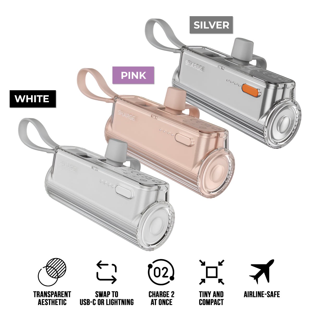 sharge-flow-mini-power-bank-5000mah-with-built-in-usb-c-cable-usb-c-to-usb-c-usb-c-to-lightning-connector-silver-grey-pink-white-sp012