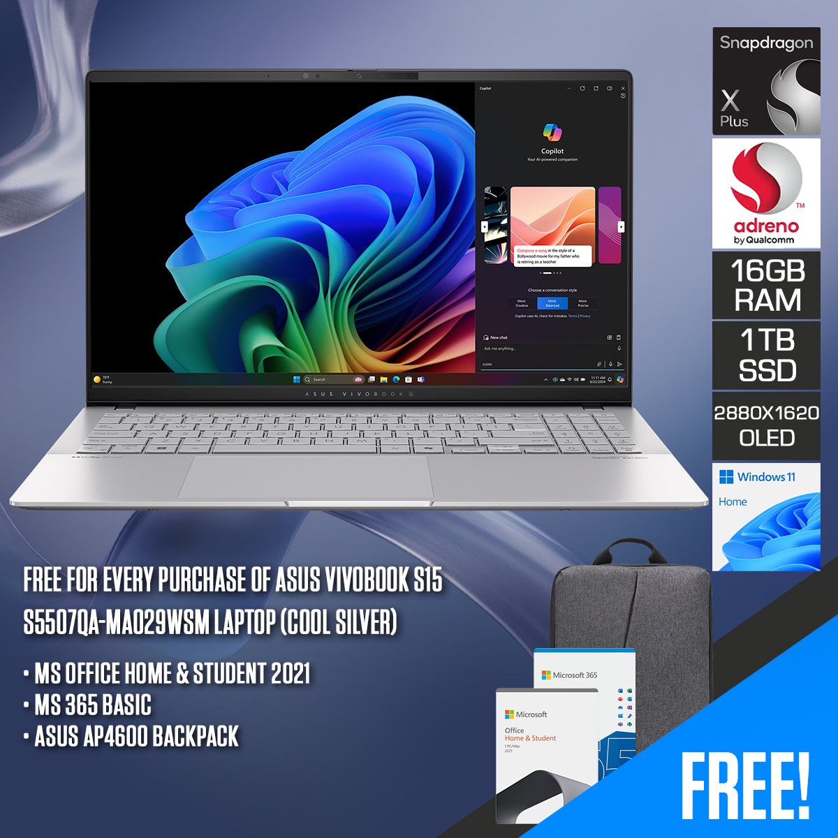 asus-vivobook-s15-s5507qa-ma029wsm-laptop-15-6-3k-oled-snapdragon-x-plus-x1p-42-100-16gb-ram-1tb-ssd-qualcomm-adreno-gpu-windows-11-home-ms-office-home-student-2021-ms-365-basic