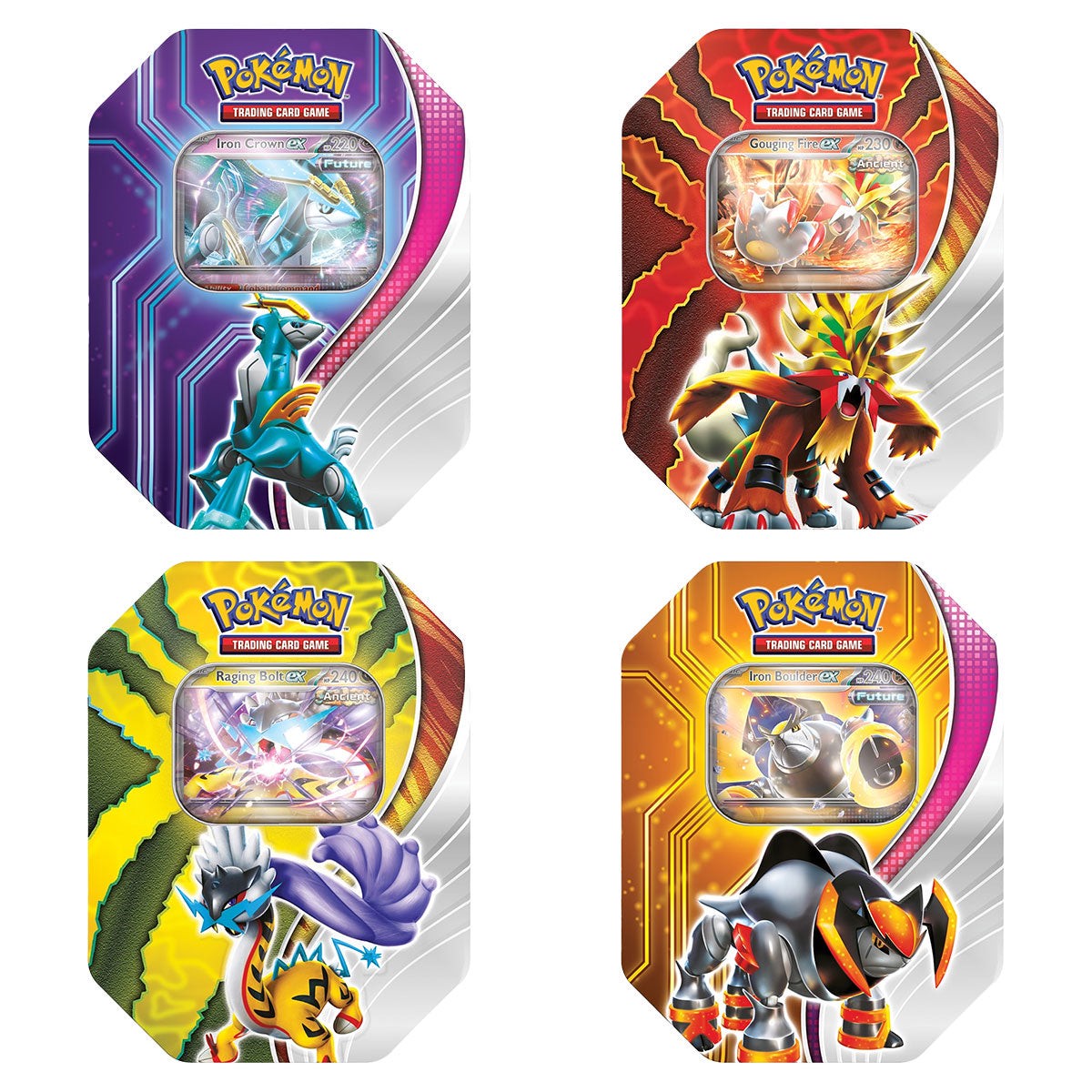 pokemon-trading-card-game-paradox-destinies-ex-tin-includes-4-booster-packs-iron-crown-ex-gouging-fire-ex-raging-bolt-ex-iron-boulder-ex