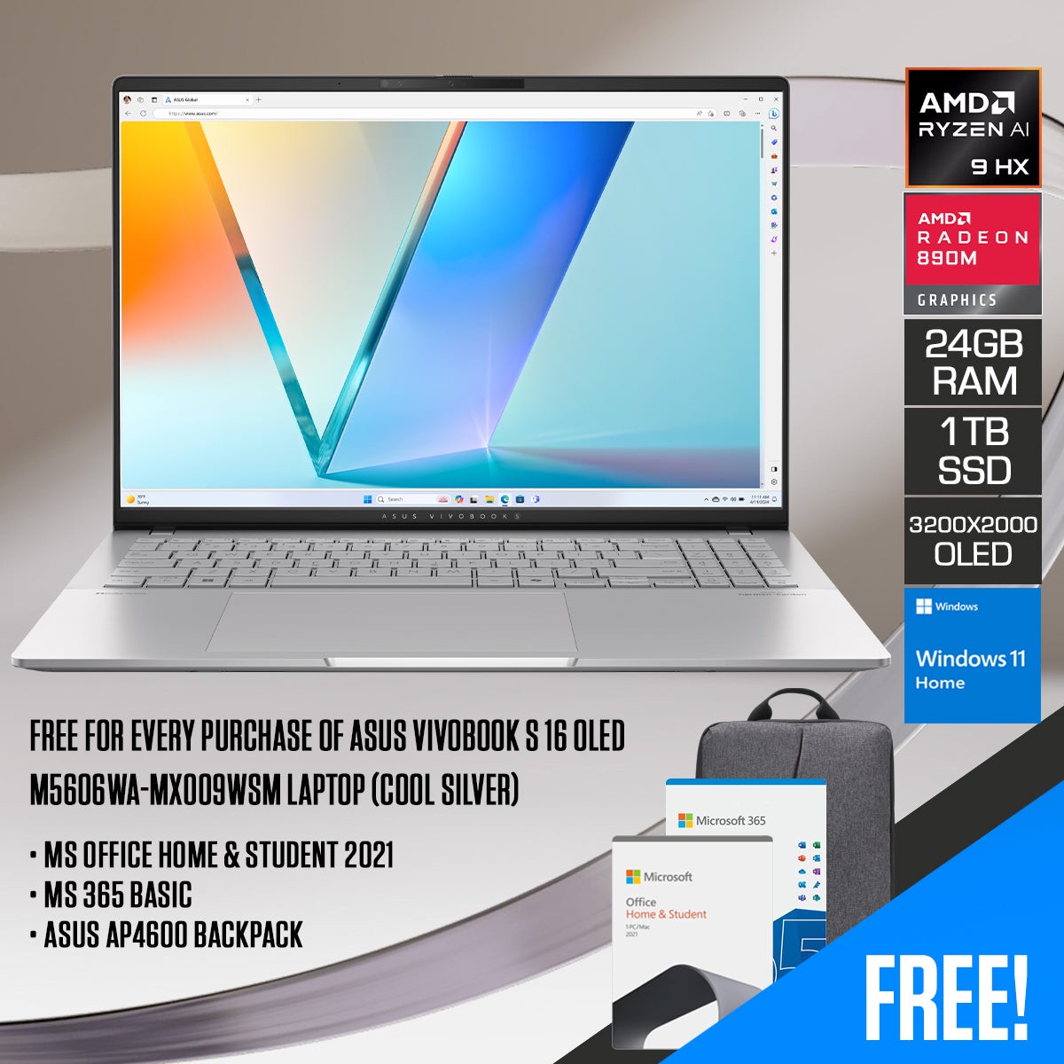 asus-vivobook-s-16-oled-m5606wa-mx009wsm-laptop-16-3-2k-120hz-ryzen-ai-9-hx-370-24gb-ram-1tb-ssd-amd-radeon-890m-graphics-windows-11-home-ms-office-home-student-2021-ms-365-basic