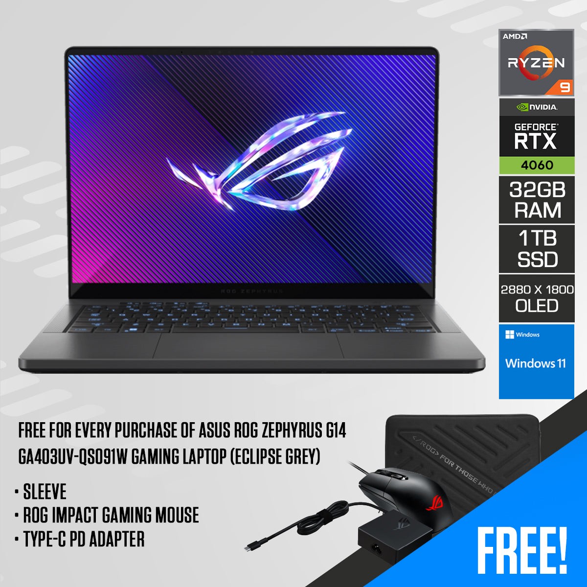 asus-rog-zephyrus-g14-ga403uv-qs091w-gaming-laptop-14-wqxga-oled-120hz-r9-8945hs-32gb-ram-1tb-ssd-rtx-4060-windows-11-home-sleeve-rog-impact-gaming-mouse-type-c-pd-adapter