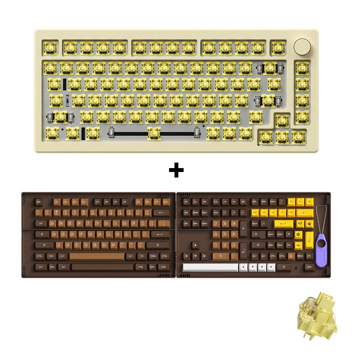 akko-mod-007b-he-diy-kit-with-chocolate-asa-keycap-set-178-key-cream-white-akko-cream-yellow-magnetic-switch