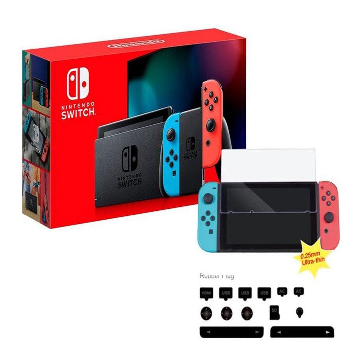 nsw-console-with-red-blue-joycon-refresh-nsw-dobe-dust-proof-kit-include-rubber-plug-toughened-glass-film-tns-862-bundle
