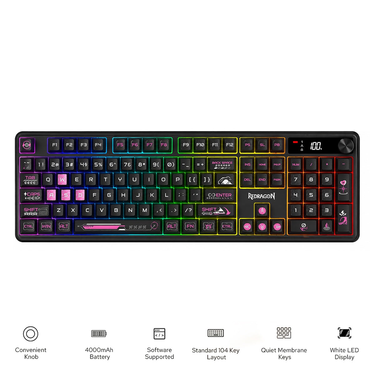 redragon-rm104-pro-volcano-tri-mode-104-key-wireless-rgb-membrane-mechanical-gaming-keyboard-with-led-display-black-pink-k526bp-pro